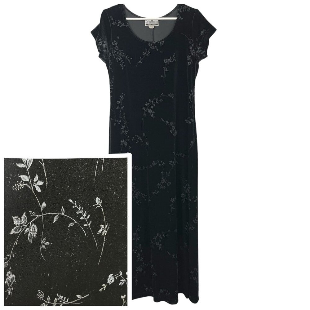 Vintage 90s Velvet Stretch Floral Cap Sleeve Maxi Dress Womens 14 Whimsygoth Y2K